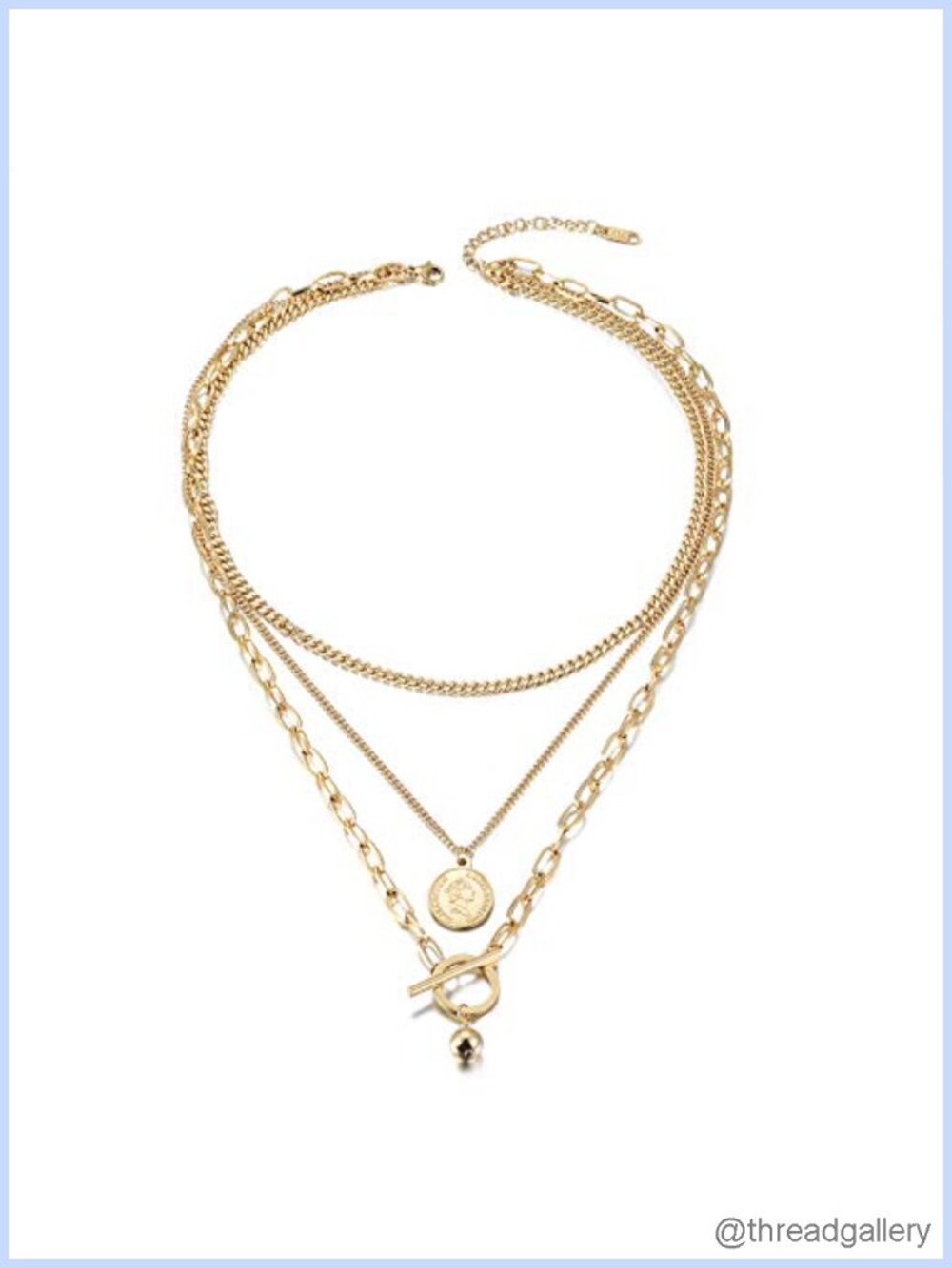 Gold Plated Vintage Carved Coin Pendant 3 Layer Choker Necklace